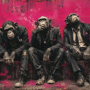 Puede incluir: Tres chimpanc&eacute;s vestidos con trajes oscuros y zapatillas est&aacute;n sentados frente a una pared de color magenta vibrante y desgastada. El chimpanc&eacute; de la izquierda lleva una chaqueta desgastada, el del centro sostiene un cigarrillo y el de la derecha lleva un traje a rayas.