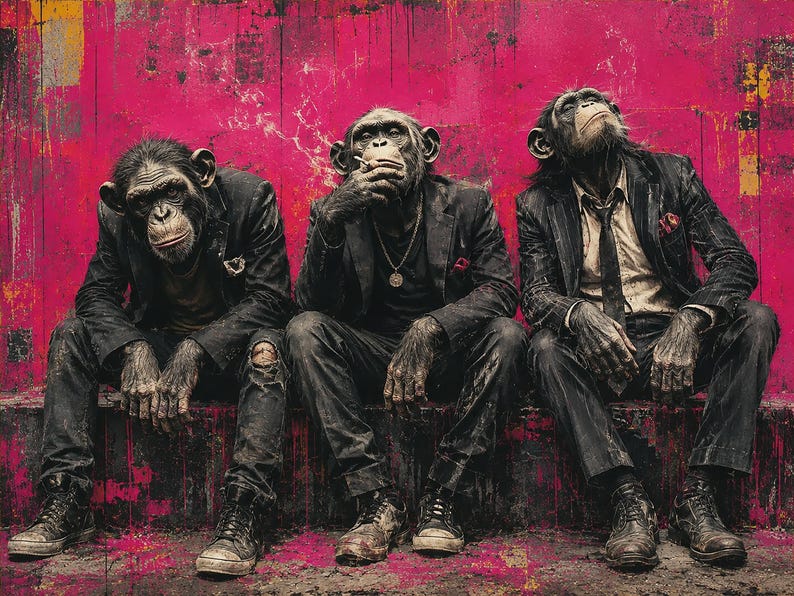 Puede incluir: Tres chimpanc&eacute;s vestidos con trajes oscuros y zapatillas est&aacute;n sentados frente a una pared de color magenta vibrante y desgastada. El chimpanc&eacute; de la izquierda lleva una chaqueta desgastada, el del centro sostiene un cigarrillo y el de la derecha lleva un traje a rayas.