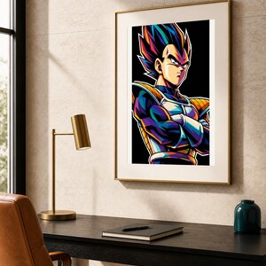 May include: A framed vertical wall art print featuring a stylized, colorful illustration of a fictional character with spiky dark hair, wearing blue and gold armor with arms crossed, set against a solid black background within a thin gold frame.