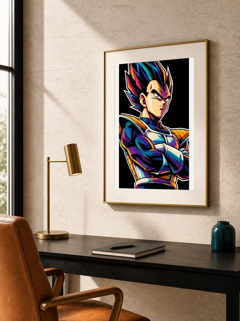 May include: A framed vertical wall art print featuring a stylized, colorful illustration of a fictional character with spiky dark hair, wearing blue and gold armor with arms crossed, set against a solid black background within a thin gold frame.