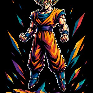 Puede incluir: Una ilustraci&oacute;n estilizada de un personaje con cabello azul puntiagudo que viste un uniforme de artes marciales naranja con una camiseta, faja, mu&ntilde;equeras y botas azules. El personaje flota sobre una plataforma irregular y colorida.