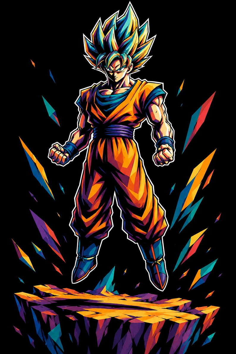 Puede incluir: Una ilustraci&oacute;n estilizada de un personaje con cabello azul puntiagudo que viste un uniforme de artes marciales naranja con una camiseta, faja, mu&ntilde;equeras y botas azules. El personaje flota sobre una plataforma irregular y colorida.