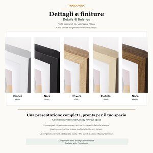 Puede incluir: Una muestra de cinco marcos de fotos rectangulares etiquetados como TRAMAPURA, que exhiben varios acabados que incluyen blanco, negro, roble, abedul y nogal. Cada marco presenta un dise&ntilde;o de esquina en inglete y un paspart&uacute; blanco.