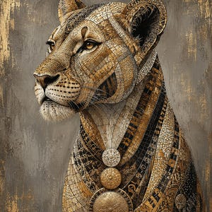 May include: A digital artwork of a lioness rendered in a mosaic style with gold, black, and tan tiles. The lioness wears three circular gold medallions around her neck. The background is a textured gray surface with distressed gold leaf accents.