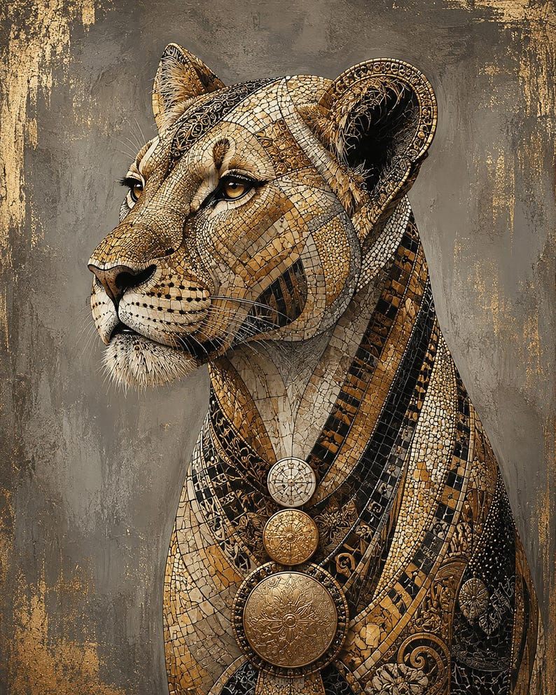 May include: A digital artwork of a lioness rendered in a mosaic style with gold, black, and tan tiles. The lioness wears three circular gold medallions around her neck. The background is a textured gray surface with distressed gold leaf accents.