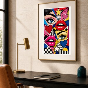 Peut inclure: Une impression d'art mural encadr&eacute;e pr&eacute;sentant un collage pop art vibrant compos&eacute; d'yeux stylis&eacute;s, de l&egrave;vres rouges et roses, et de c&oelig;urs. La composition inclut des motifs g&eacute;om&eacute;triques, des rayures noires et blanches et une palette de couleurs vives.