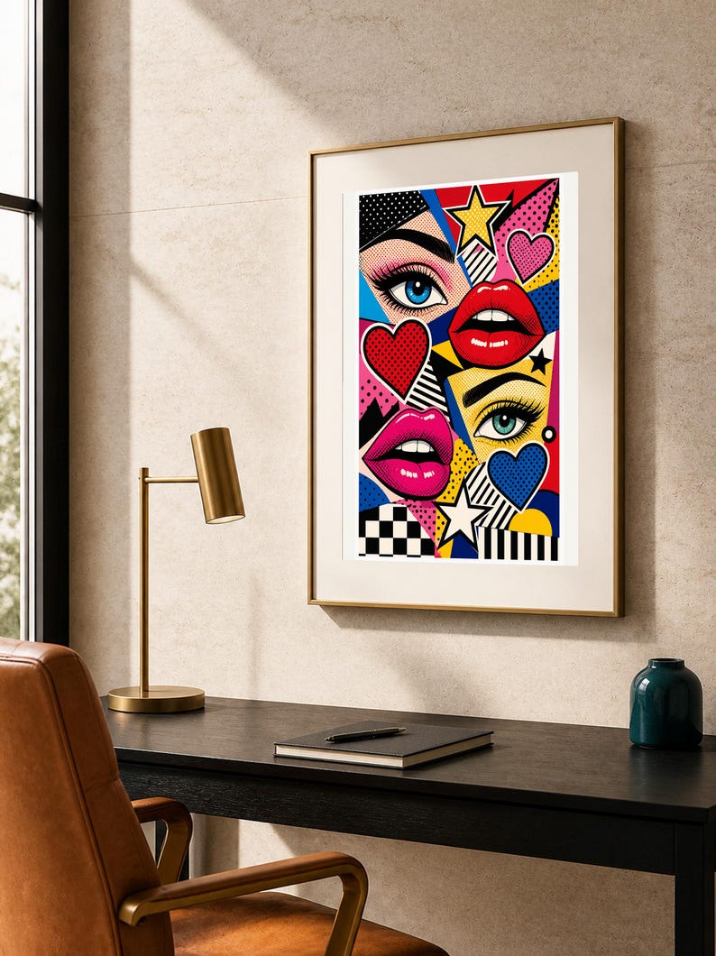 Peut inclure: Une impression d'art mural encadr&eacute;e pr&eacute;sentant un collage pop art vibrant compos&eacute; d'yeux stylis&eacute;s, de l&egrave;vres rouges et roses, et de c&oelig;urs. La composition inclut des motifs g&eacute;om&eacute;triques, des rayures noires et blanches et une palette de couleurs vives.