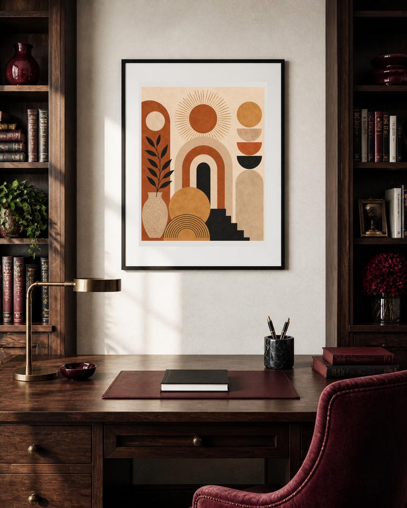 K&ouml;nnte beinhalten: Ein gerahmter Kunstdruck mit einer geometrischen Komposition aus Sonne, B&ouml;gen, einer Vase mit Bl&auml;ttern und Treppen in Terrakotta-, Orange-, Schwarz- und Beiget&ouml;nen. Das Kunstwerk befindet sich in einem d&uuml;nnen schwarzen Rahmen an einer hellen Wand.