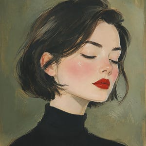 Puede incluir: Una pintura digital de una persona con cabello corto casta&ntilde;o oscuro y un su&eacute;ter de cuello alto negro. El sujeto tiene los ojos cerrados, mejillas rosadas y labios pintados de rojo vibrante sobre un fondo verde oliva texturizado.