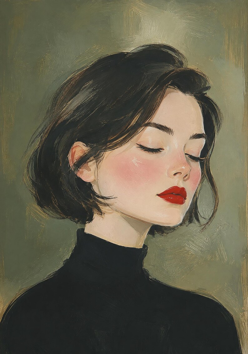 Puede incluir: Una pintura digital de una persona con cabello corto casta&ntilde;o oscuro y un su&eacute;ter de cuello alto negro. El sujeto tiene los ojos cerrados, mejillas rosadas y labios pintados de rojo vibrante sobre un fondo verde oliva texturizado.