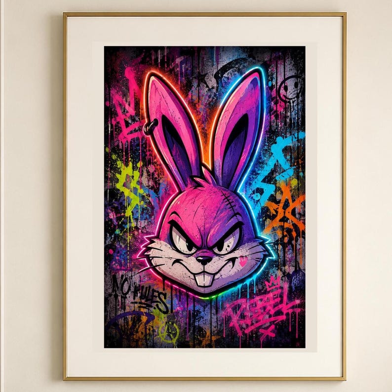 Peut inclure: Une impression d'art encadr&eacute;e repr&eacute;sentant une t&ecirc;te de lapin stylis&eacute;e aux tons rose et violet &eacute;clatants avec une expression malicieuse. Le fond est un mur de graffiti sombre et textur&eacute; avec des &eacute;claboussures de peinture n&eacute;on, incluant le texte NO RULES et REBEL.