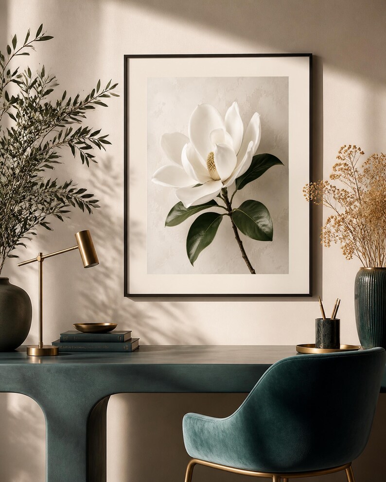 Puede incluir: Una impresi&oacute;n de arte mural enmarcada que presenta una sola flor de magnolia blanca con hojas de color verde oscuro sobre un fondo claro y texturizado. La obra de arte se exhibe en un marco negro delgado, mostrando el tema bot&aacute;nico con p&eacute;talos claros y detallados.