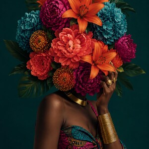 Puede incluir: Una persona viste un top con patrones geom&eacute;tricos en rosa, azul y negro, adornado con una gargantilla dorada y brazaletes dorados apilados. Un gran y vibrante arreglo floral de lirios naranjas, peon&iacute;as rosas y hortensias azules cubre la cabeza.