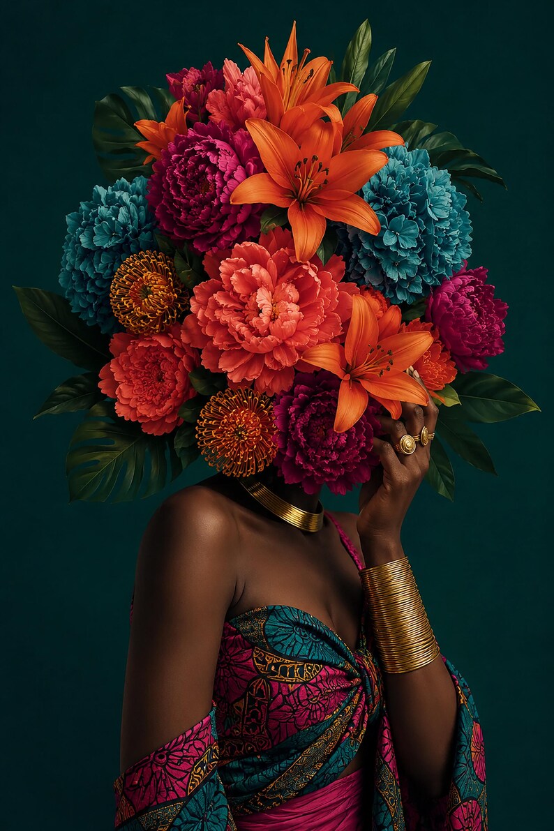 Puede incluir: Una persona viste un top con patrones geom&eacute;tricos en rosa, azul y negro, adornado con una gargantilla dorada y brazaletes dorados apilados. Un gran y vibrante arreglo floral de lirios naranjas, peon&iacute;as rosas y hortensias azules cubre la cabeza.