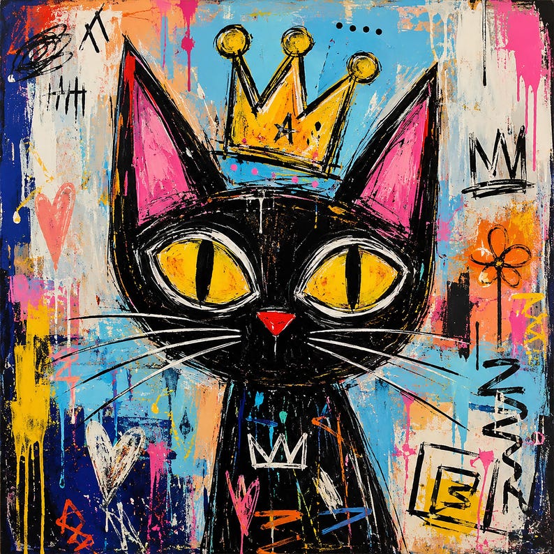 Pode incluir: Uma pintura em tela quadrada apresentando um gato preto com grandes olhos amarelos e orelhas cor-de-rosa, usando uma coroa amarela. O fundo &eacute; uma mistura vibrante de respingos de tinta azul, laranja e branca, linhas de grafite e cora&ccedil;&otilde;es.