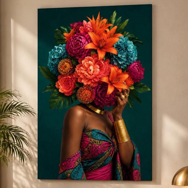 Puede incluir: Una impresi&oacute;n de arte mural que muestra a una persona con un gran y vibrante arreglo floral como tocado, incluyendo lirios naranjas, peon&iacute;as rosas y hortensias azules. La persona viste una prenda estampada y un brazalete ancho de oro en el brazo.