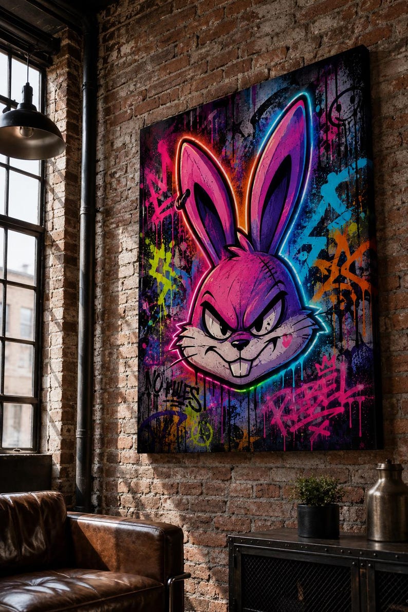 Peut inclure: Une impression murale rectangulaire repr&eacute;sentant une t&ecirc;te de lapin stylis&eacute;e violette et rose avec un contour n&eacute;on. Le fond est une fresque de style graffiti sombre avec des &eacute;claboussures vives de peinture bleue, orange et jaune, incluant le texte NO RULES et REBEL.