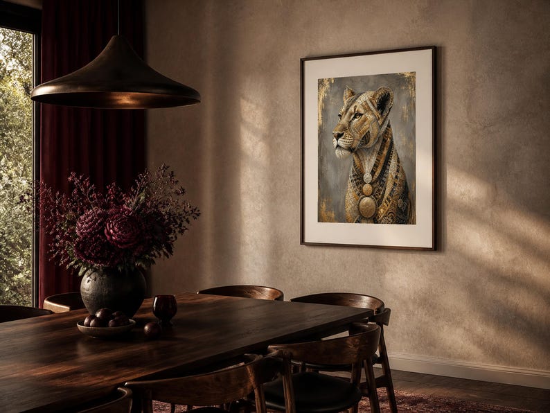 May include: A framed wall art print featuring a stylized lioness with intricate gold and brown geometric patterns on her fur, set against a dark gray background with gold leaf accents, displayed in a thin dark frame on a textured wall.