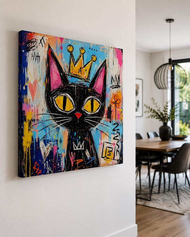 Pode incluir: Uma tela quadrada apresentando um gato preto estilizado com grandes olhos amarelos e um pequeno nariz vermelho. O gato usa uma coroa amarela. O fundo &eacute; uma mistura vibrante de respingos de tinta azul, rosa e amarela com marcas de graffiti.