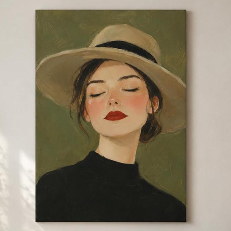 May include: An oil painting portrait of a person with closed eyes, wearing a wide-brimmed beige hat with a black band and a black high-neck top. The subject has rosy cheeks and bright red lips, set against a textured, muted olive green background.