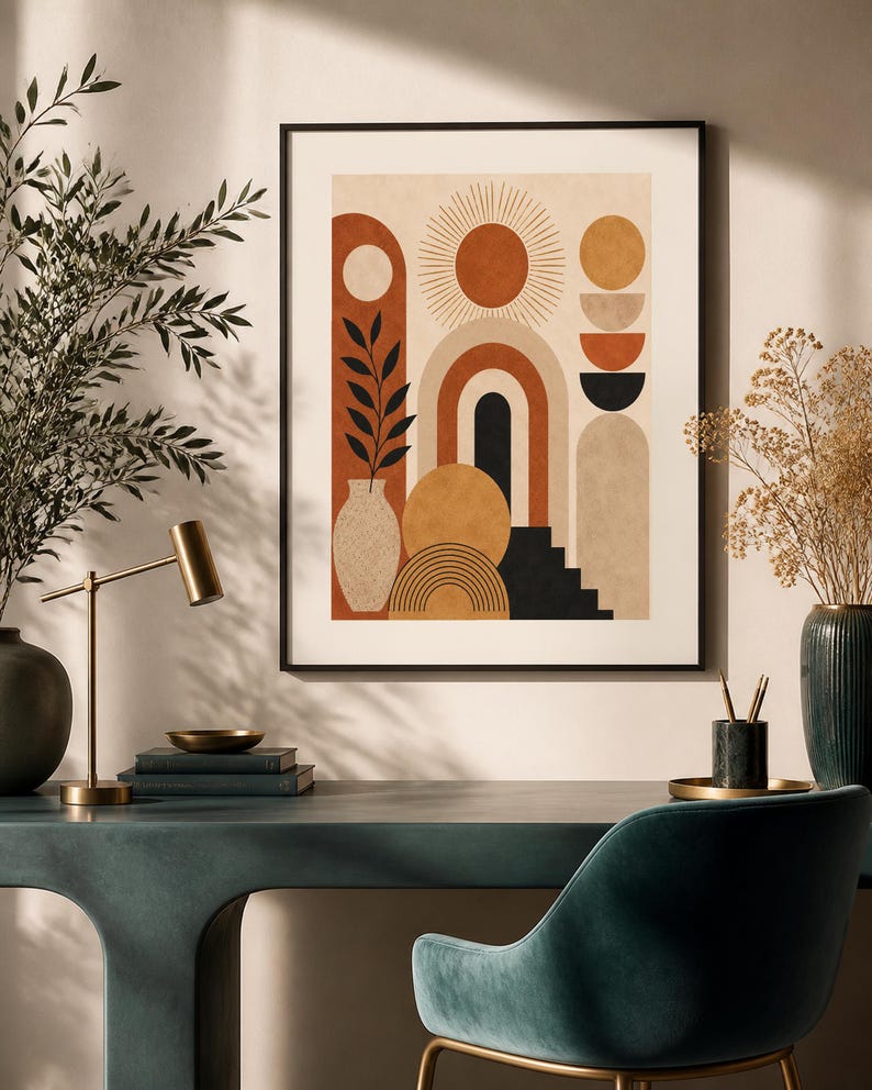 K&ouml;nnte beinhalten: Ein gerahmter Wandkunstdruck mit einer geometrischen Komposition aus B&ouml;gen, Kreisen und einer Vase mit einem belaubten Zweig. Die Farbpalette umfasst Terrakotta-, Senfgelb-, Schwarz- und Cremet&ouml;ne, die in einem symmetrischen Layout angeordnet sind.