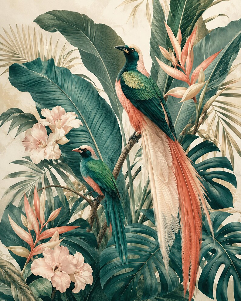 Puede incluir: Una ilustraci&oacute;n detallada que muestra dos aves con plumaje verde, rosa y crema posadas en una rama entre grandes hojas de palma tropical y flores de color rosa claro. El ave m&aacute;s grande tiene plumas de cola largas y fluidas en tonos crema.