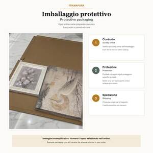 Puede incluir: Una caja de env&iacute;o de cart&oacute;n marr&oacute;n que contiene dos obras de arte rectangulares enmarcadas envueltas en pl&aacute;stico protector transparente. El texto TRAMAPURA, Imballaggio protettivo, Protective packaging, Controllo, Quality check, Protezione, Protection y Spedizione es visible.
