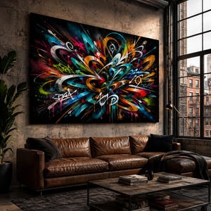 May include: A large rectangular wall art piece featuring a vibrant abstract graffiti design on a black background. The composition displays swirling, layered brushstrokes in bright shades of blue, orange, green, pink, and white with paint drips.