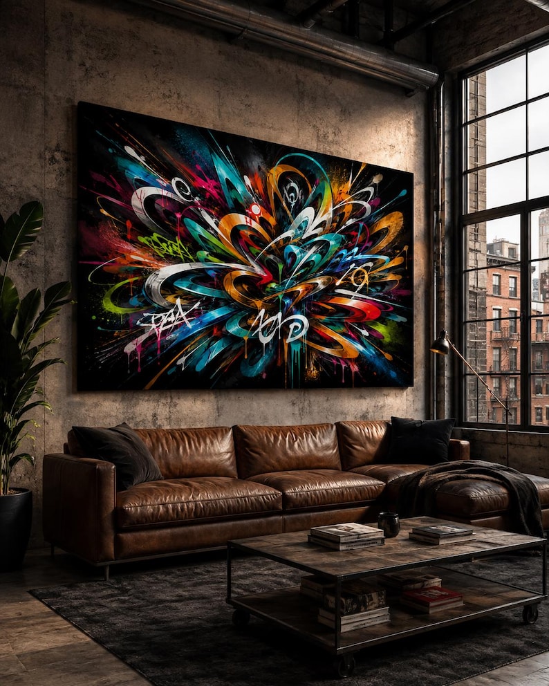 May include: A large rectangular wall art piece featuring a vibrant abstract graffiti design on a black background. The composition displays swirling, layered brushstrokes in bright shades of blue, orange, green, pink, and white with paint drips.