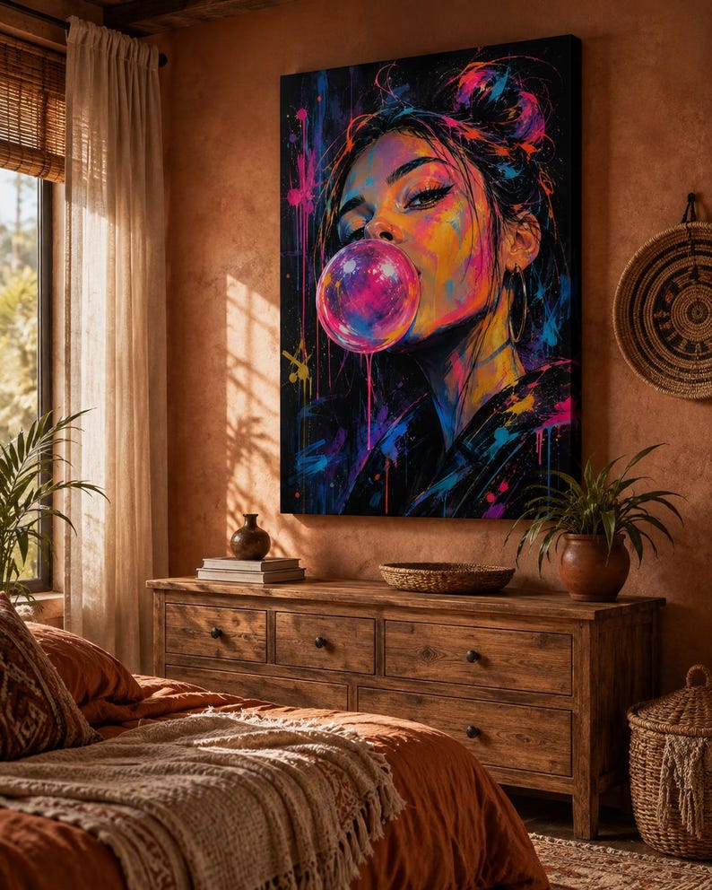 Puede incluir: Un lienzo rectangular para pared que presenta un retrato abstracto y vibrante de una persona soplando una gran burbuja de chicle de color rosa brillante. La obra utiliza salpicaduras audaces de pintura azul ne&oacute;n, amarilla y magenta.
