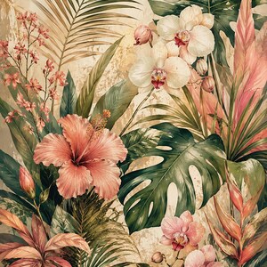 May include: A botanical wall art print featuring a lush arrangement of tropical flora including large green monstera leaves, palm fronds, pink hibiscus flowers, and white and pink orchids against a textured, distressed beige background.
