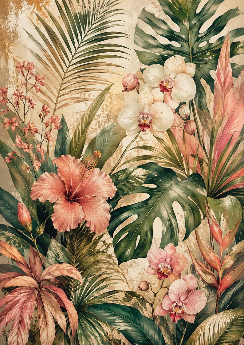May include: A botanical wall art print featuring a lush arrangement of tropical flora including large green monstera leaves, palm fronds, pink hibiscus flowers, and white and pink orchids against a textured, distressed beige background.