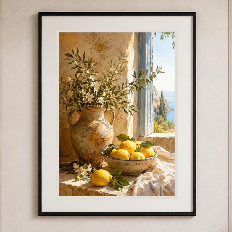 Pode incluir: Uma impress&atilde;o de arte emoldurada retratando um vaso de cer&acirc;mica r&uacute;stico cheio de ramos de oliveira e flores brancas, colocado ao lado de uma tigela de lim&otilde;es amarelo-brilhantes numa borda de pedra. Uma janela aberta revela uma paisagem costeira.