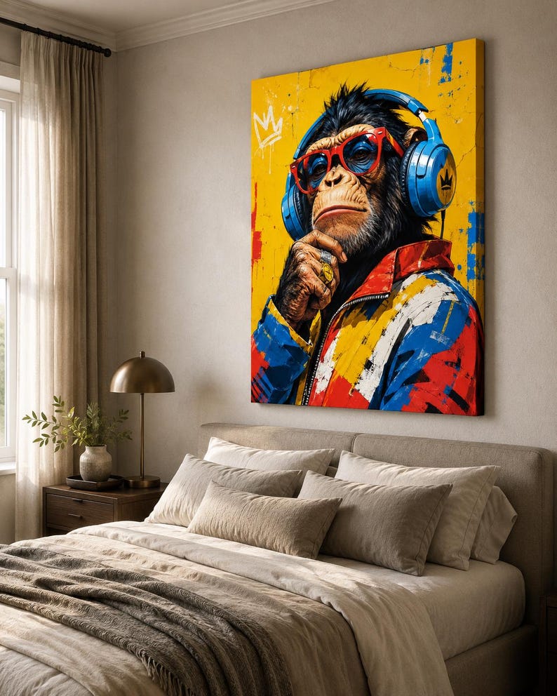 May include: A rectangular canvas wall art print featuring a stylized chimpanzee wearing blue headphones, red-rimmed glasses, and a colorful jacket with red, blue, and yellow paint splatters. The chimpanzee has a gold ring on its finger and a crown icon.