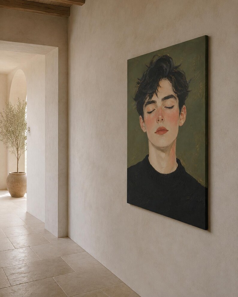 May include: A rectangular canvas wall art piece featuring a portrait of a person with dark, tousled hair and closed eyes. The subject wears a black sweater against a muted olive green background, rendered in a painterly style with soft lighting.