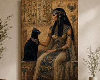 Cleopatra met zwarte kat - Egyptische canvasprint