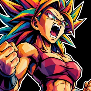 May include: A vibrant pop art illustration of a character with spiky, multi-coloured hair in shades of yellow, orange, blue, and purple. The character has a fierce expression, clenched fists, and wears a dark red top and dark wristbands.