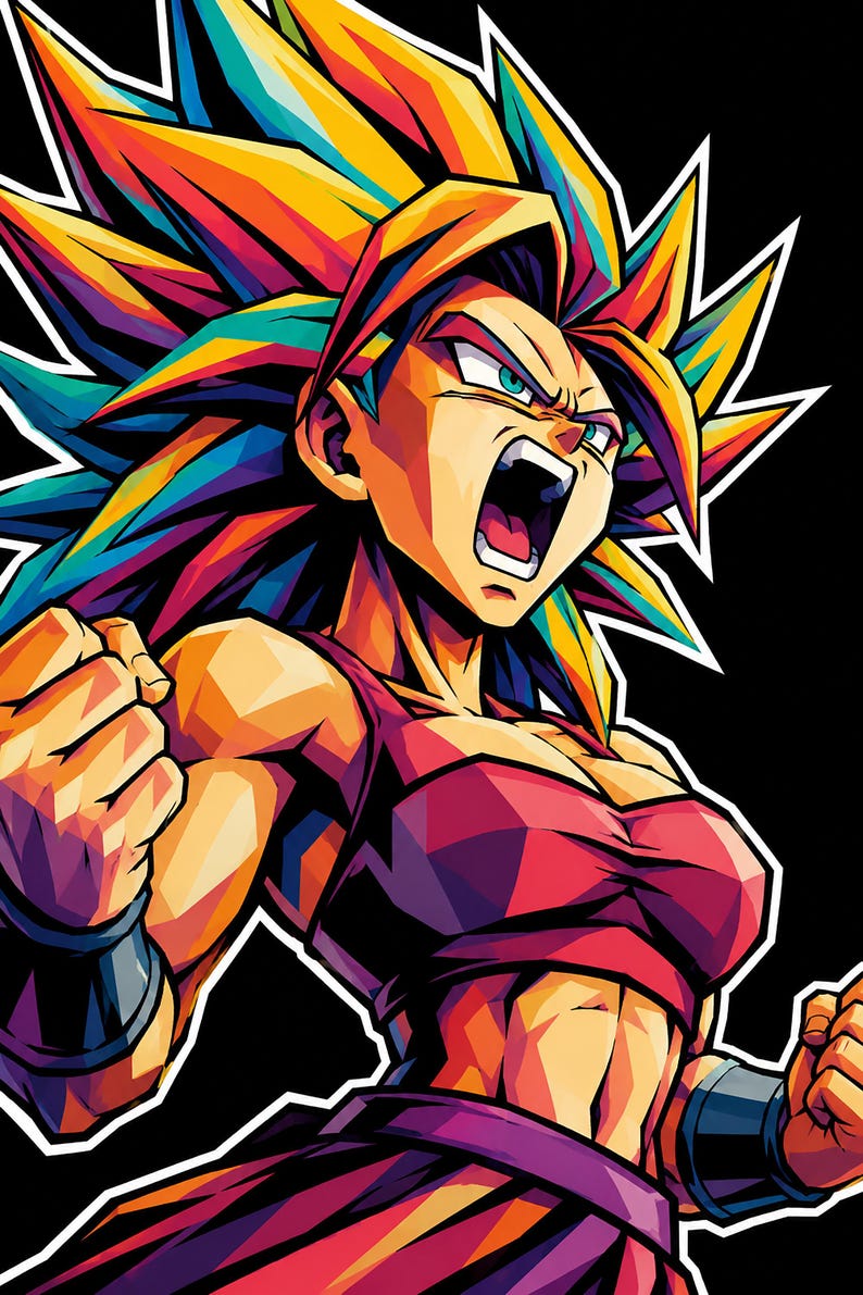May include: A vibrant pop art illustration of a character with spiky, multi-coloured hair in shades of yellow, orange, blue, and purple. The character has a fierce expression, clenched fists, and wears a dark red top and dark wristbands.