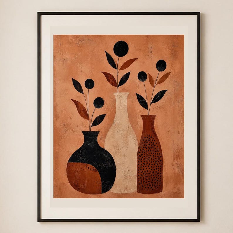 Vasi di Terracotta, abstrakta vaser och grenar — konsttryck utan ram, inramat tryck eller canvas bild 1