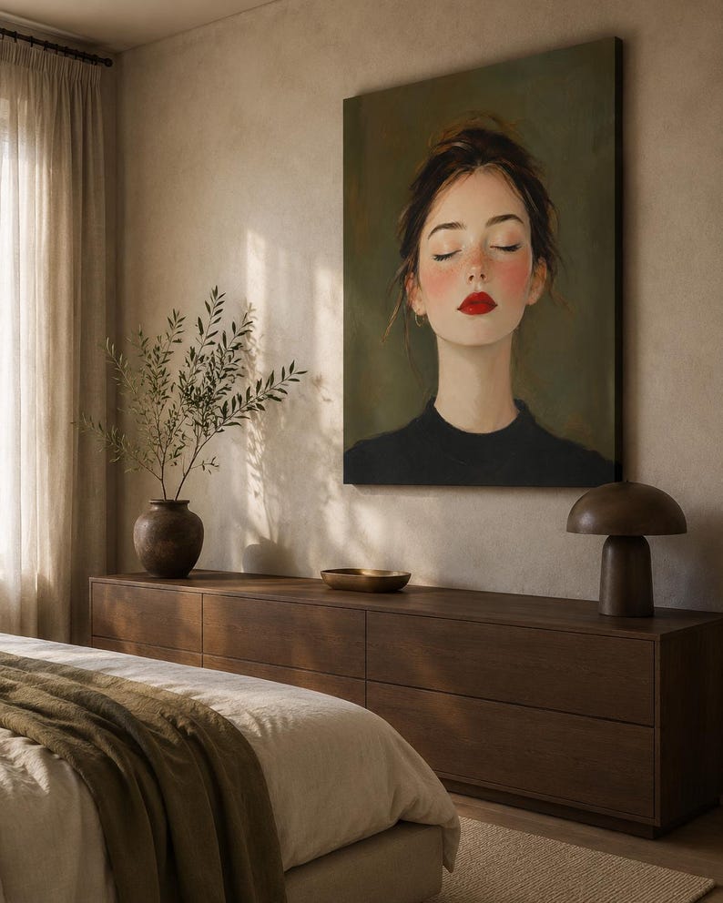 Puede incluir: Una gran impresi&oacute;n art&iacute;stica rectangular que presenta el retrato de una persona con los ojos cerrados, mejillas sonrosadas y labios rojos brillantes, vistiendo una prenda negra sobre un fondo verde oliva apagado. La obra se exhibe en un dormitorio.