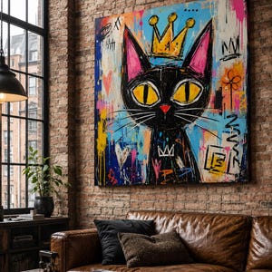 Pode incluir: Uma grande pintura em tela quadrada apresentando um gato preto estilizado com grandes olhos amarelos e uma coroa amarela. O fundo &eacute; uma mistura vibrante de respingos de tinta azul, rosa e amarela, marcas estilo grafite e cora&ccedil;&otilde;es.