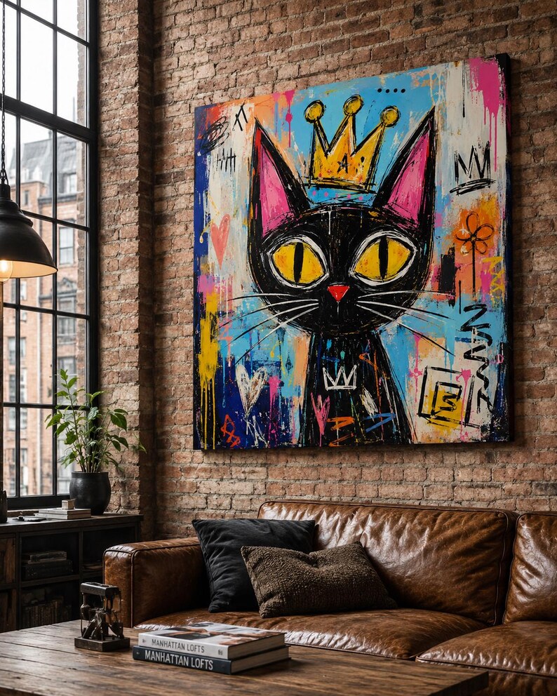 Pode incluir: Uma grande pintura em tela quadrada apresentando um gato preto estilizado com grandes olhos amarelos e uma coroa amarela. O fundo &eacute; uma mistura vibrante de respingos de tinta azul, rosa e amarela, marcas estilo grafite e cora&ccedil;&otilde;es.