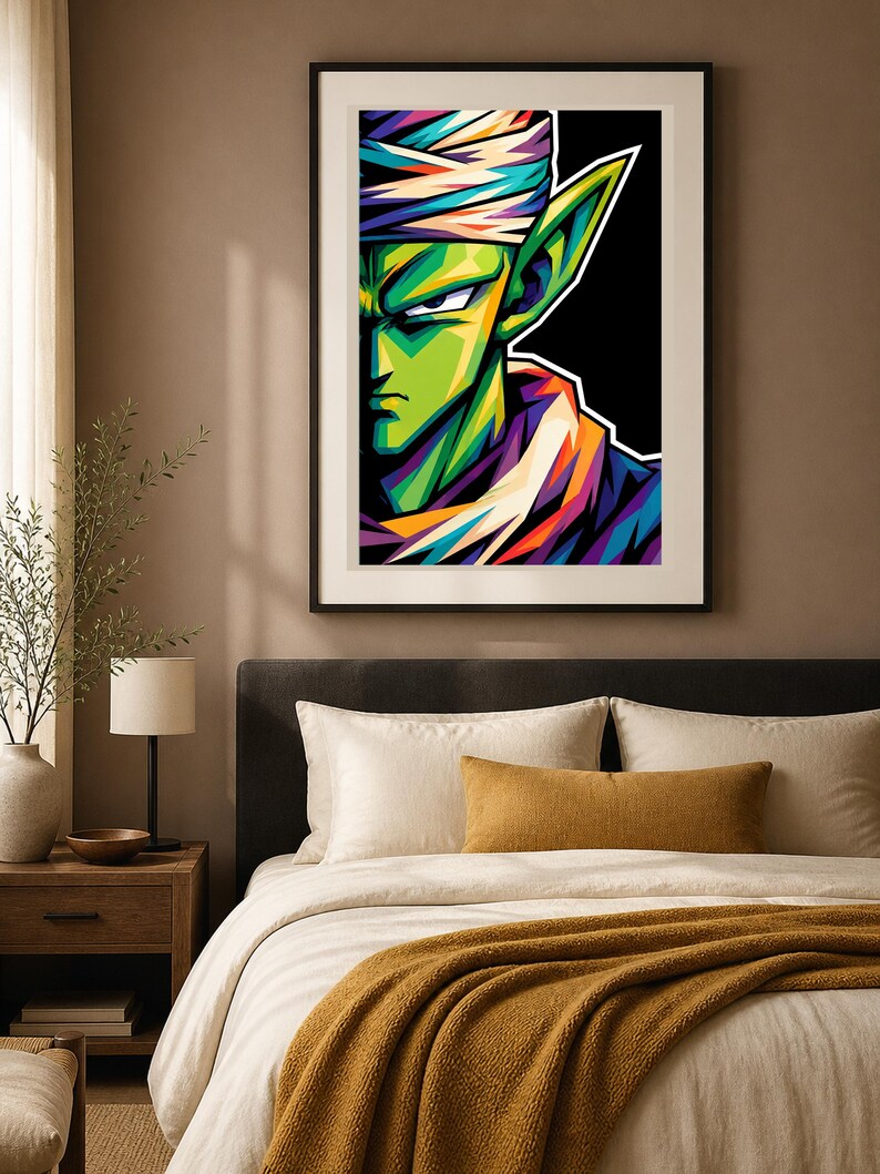 May include: A framed wall art print featuring a stylized, vibrant portrait of the character Piccolo from Dragon Ball. The artwork uses bold, geometric color blocking in shades of green, purple, orange, and white against a solid black background.