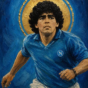 May include: An oil painting of a soccer player with curly dark hair wearing a blue jersey with a white N logo, white shorts, and a gold halo behind the head. The player is positioned against a textured blue background with a soccer ball below.