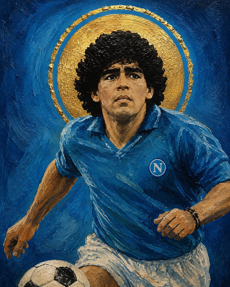 May include: An oil painting of a soccer player with curly dark hair wearing a blue jersey with a white N logo, white shorts, and a gold halo behind the head. The player is positioned against a textured blue background with a soccer ball below.