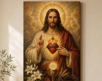 Sagrado Corazón de Jesús con Eucaristía - impresión religiosa en lienzo