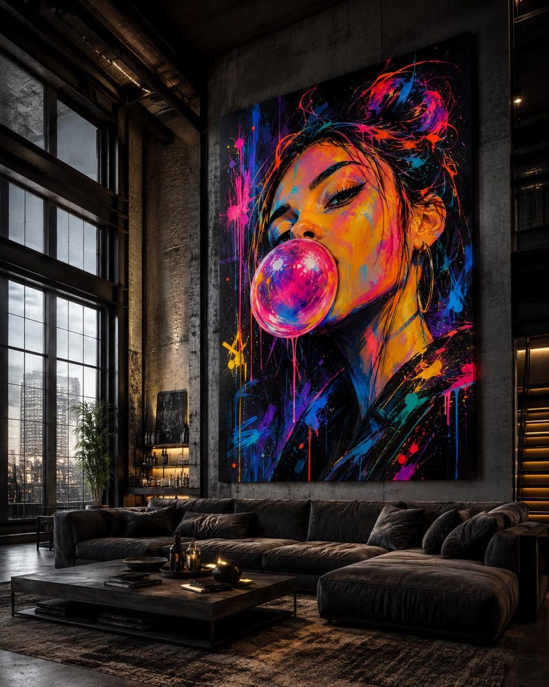 Puede incluir: Una gran pieza de arte mural rectangular que presenta un retrato vibrante y multicolor de una persona soplando una burbuja de chicle rosa. La obra utiliza salpicaduras y goteos de pintura de tonos ne&oacute;n sobre un fondo oscuro.