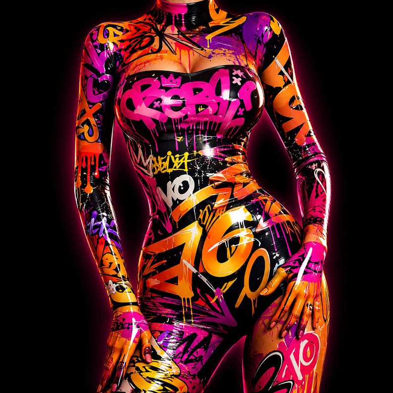 Puede incluir: Un body de manga larga con cuello alto y una base negra brillante que presenta vibrantes patrones de grafiti multicolores en tonos rosa ne&oacute;n, naranja, amarillo y morado. El dise&ntilde;o incluye varias etiquetas abstractas y letras.