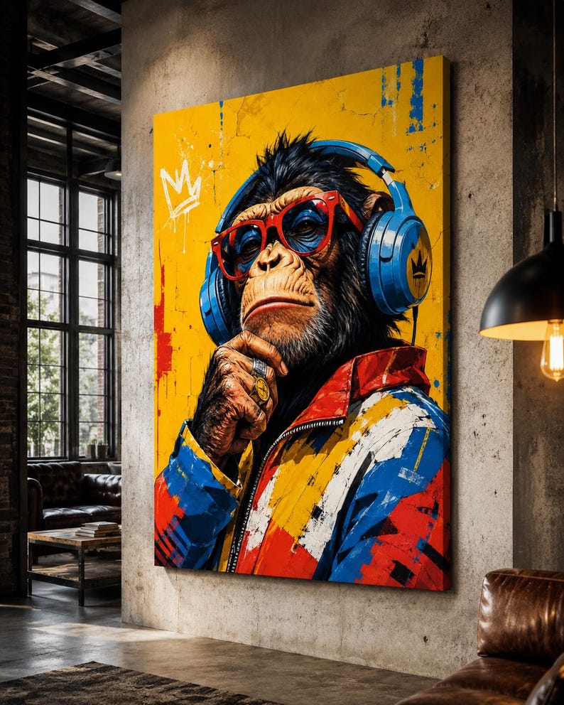 May include: A vertical canvas wall art print featuring a chimpanzee wearing bright blue headphones, red-rimmed glasses, and a colorful jacket with red, blue, and yellow patterns. A white crown icon is painted on the vibrant yellow background.