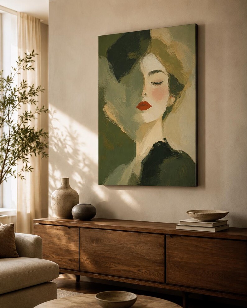 May include: A rectangular wall art print featuring an impressionistic portrait of a person with closed eyes. The figure is rendered in shades of olive green, cream, and black, with a striking pop of bright red lipstick on the lips.